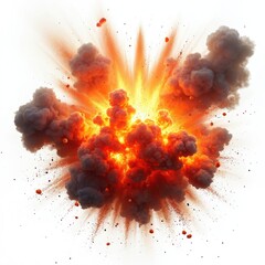 Poster - Dramatic illustration showcases large explosion on white background. Orange fire, dense smoke, debris burst outwards. Powerful destructive force, visual effect for design.