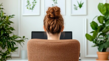 Poster - Young Woman Coding at Computer in Inspiring Workspace Surrounded by Greenery and Modern Decor