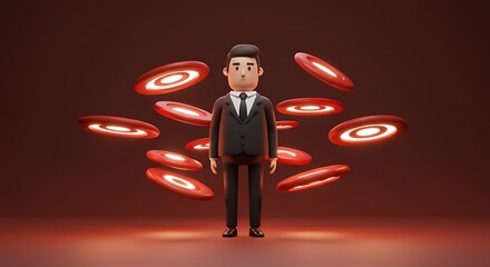 Aufkleber - Cartoon Businessman Surrounded by Floating Red Discs in a Warmly