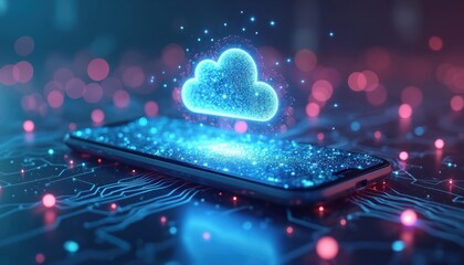 Poster - Futuristic tech concept with smartphone, cloud symbol. Representing cloud computing, data storage, network. Dark background with digital lights, bokeh effect. High-tech innovation in online services,