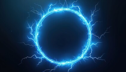 Poster - Electric blue lightning round frame, plasma portal on black background. Bright energy circle, power, electric, flash. Abstract design, neon, digital art for tech, sci-fi concepts.