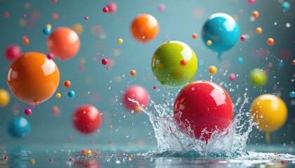 Poster - Colorful bouncing balls with water splashes in mid-air. Abstract concept of energy, playfulness, childhood joy, happiness, fun, movement. Dynamic vibrant bright lights create festive holiday mood.
