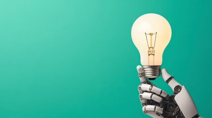 Poster - Innovative Robotic Hand Holding a Bright Light Bulb on a Vibrant Background Representing Modern Technology