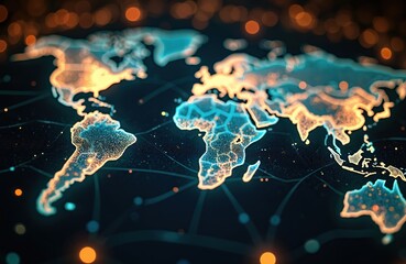 Poster - Digital illustration world map glowing with social network connections. Earth continents glowing, interconnected lines, dots on dark background. Concept of global communication, networking, business,