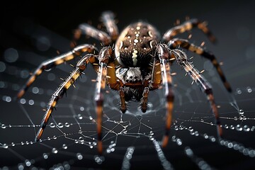Orb weaver spider in the center of its intricate web Dew