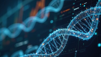Poster - Illustration of genetic research with data and DNA visualization. Complex genetic sequencing data displayed on computer screen with visual DNA representation. Science, tech and medical innovation.