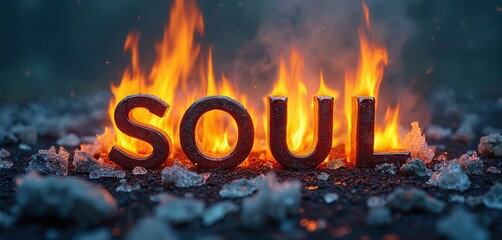 Poster - Word SOUL in fire. Fiery flames with fiery letters. Heat and energy. Graphic design element for posters, illustrations, or art projects. Perfect for themes of passion, spirituality, transformation.