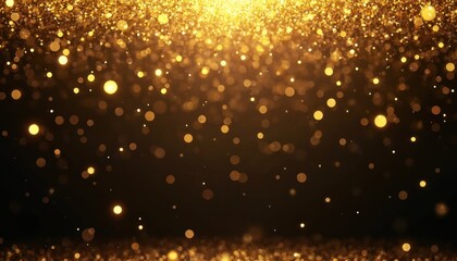 Aufkleber - Golden glitter falling against dark background. Sparkling, shiny gold particles in air create festive atmosphere. Bokeh effect with highlights, blur lights. Abstract background for celebration,