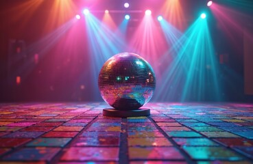 Poster - Disco ball illuminated by colorful lights. Illustration features vibrant colors blue pink yellow. Nightclub stage design with sparkling mirror disco ball, dance floor backdrop for party music