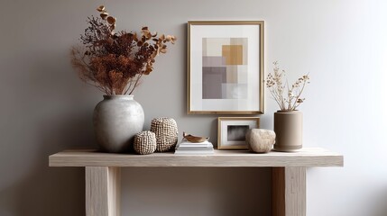 Poster - Elegant modern decor displayed on a wooden table in a serene interior setting with minimalist art and natural elements