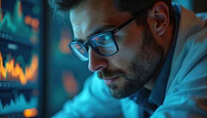Aufkleber - Financial analyst reviewing stock market report, focused eyes scanning data on monitor. Man with glasses concentrates on financial charts. Investment, finance, business analysis, economic trends.