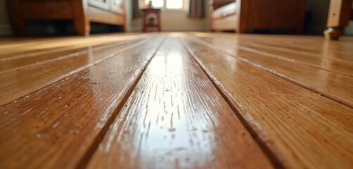 Aufkleber - Low angle shot of varnished wooden parquet floor. Polished wood laminate floor boards background. Glossy reflective surface. Luxury home decor, interior design concept. Natural wooden texture.