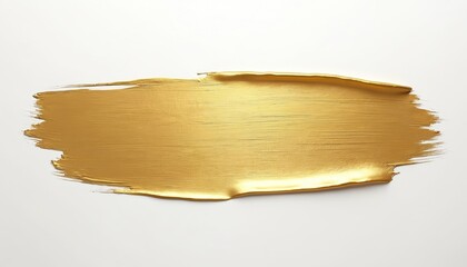 Poster - Gold paint brush stroke on white background. Shiny metallic appearance. Long brush stroke extends across background. Design element, suitable for luxury branding, elegant presentation.