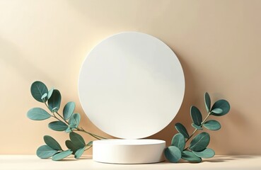 Poster - Round podium with eucalyptus branches for product presentation. Abstract minimal geometric form on beige background. One showcase, display. Perfect for jewelry, cosmetic, skincare product, spa,