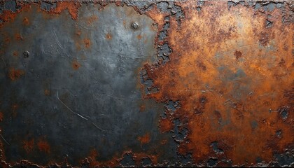 Poster - Abstract illustration shows grungy metallic texture with rust, tarnish layers. Aged, weathered metal steel surface old, brown, dirty, grunge, scratched pattern. Surface covered with spots, stains.