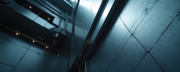 Poster - Modern office building architecture with metal wall and glass door. Geometric steel structure features rectangles and parallel lines, minimal interior design. Modern technology, futuristic style.