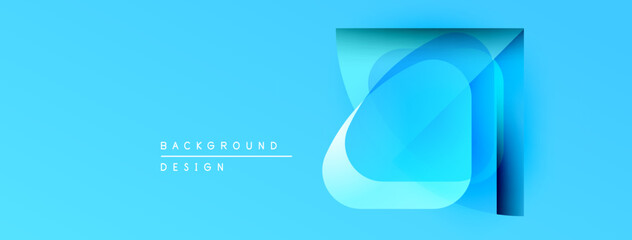 Poster - Bright blue background features layered square shapes. Modern design with gradient effects, clean lines, simple geometry.