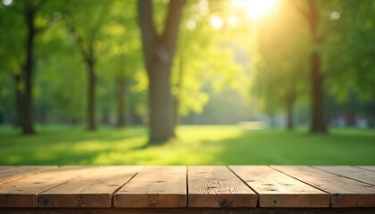 Aufkleber - Empty wooden table on green summer park background. Blurred trees, natural sunlight create background, display product. Product placement on tabletop with copy space. Ideal for eco products