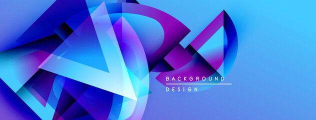 Poster - Abstract geometric shapes overlap, creating vibrant blue, purple gradients. Modern design suggests dynamic energy, fluid motion.
