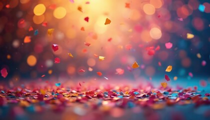 Poster - Colorful confetti falling on vibrant blurred background. Party concept, celebration mood with festive atmosphere. Joyful background for birthday, holidays, carnival, new year celebrations special