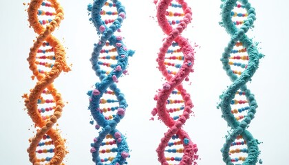 Poster - Illustration of colorful DNA genome structures isolated on white background. Deoxyribonucleic acid helix, genetic concept, biology, science, medicine. Perfect for biotech, medical, education tech