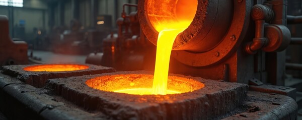 Poster - Molten metal pouring into a foundry. The industrial process involves extreme heat, producing liquid metal for manufacturing. Workers, technology, and automation in a workshop environment.