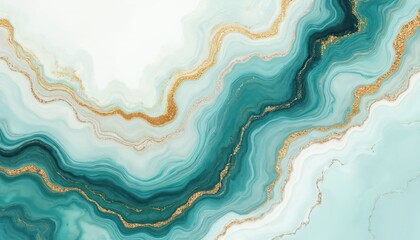 Aufkleber - Abstract marble texture background with turquoise green and gold veins. Luxury watercolor style design for wallpaper banner invitation website cover print modern art decor.