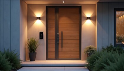 Poster - Modern home entrance featuring smart door lock video doorbell automated lighting system controlled remotely. Advanced home security. Automated tech home automation. Smart home technology.