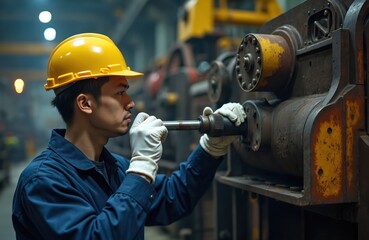 Aufkleber - Asian engineer, mechanic checks, holds yellow hard hat during metal machine maintenance at factory. Worker performs industrial work concept in workshop with safety gloves. Manufacturing production