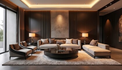 Poster - Chic living room shows modern luxury interior design. Sleek furniture, statement lighting, opulent decor create contemporary elegance. Architectural details, comfortable seating create relaxing home