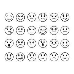 Poster - Collection of various emoticons expressing different emotions isolated on white background, including happy, sad, angry, surprised, and confused faces