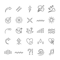 Poster - Set of various line art icons isolated on white background, including arrows, lightning, sleep symbols, check mark, cancel sign, waves, and other design elements