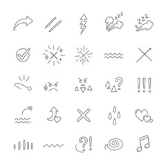 Poster - Collection of hand-drawn doodle icons isolated on white background featuring arrows, lines, lightning, sleep symbols, check marks, sparkles, waves, and more