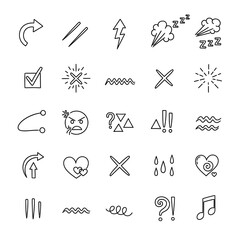 Poster - Collection of various hand drawn icons isolated on white background featuring arrows, lightning, hearts, waves, and other symbols in a doodle style