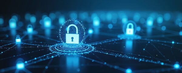 Poster - Cybersecurity lock, data protection illustration. Concept represents internet privacy, security tech, digital network, information safety, business communication. Padlock in center shows safe