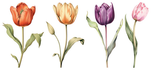 PNG Vibrant botanical tulip illustrations, element set on transparent background