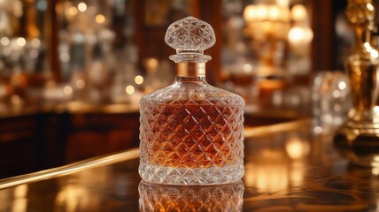 Poster - A stunning crystal decanter holds a deep amber liquid, showcasing its beauty on a grand bar setting.
