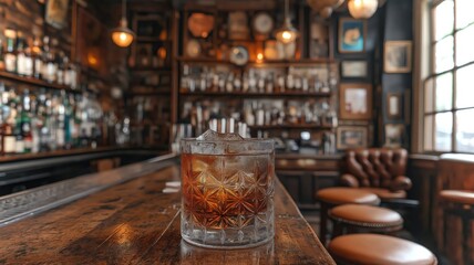 Aufkleber - A beautifully crafted cocktail sits in an ornate glass on a polished wooden bar.
