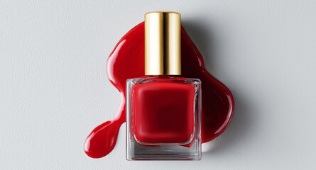 Aufkleber - This luxurious red gel nail polish features an elegant gold cap placed on a smooth surface, with a vivid red puddle spilling beside it. Perfect for a high-end manicure experience.