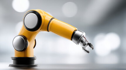 Poster - Robotic Arm in Action: A close-up shot of a sleek yellow robotic arm, showcasing its precision and technological prowess in an industrial setting.