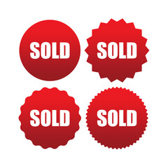 Poster - Sold label icon. Red sticker badges. Vector sale symbols. White bold text.