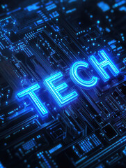 Poster - TECH illuminated in captivating neon blue.