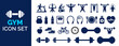 © Neelrong - fitness gym icons collection, gym equipment bundle, fitness gym exercise equipment icon bundle set collection. gum icon, Monochrome flat design gym and fitness icons collection.