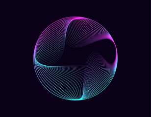 Poster - Abstract 3d sphere. Neon gradient curved waves in round shape. Bright spinning circular border. Vector colorful glowing circular tech frame
