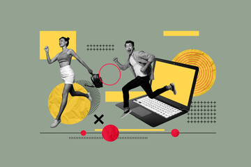 Poster - Poster trend collage of people stand run near digital netbook on green background