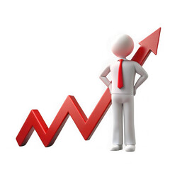 Fototapete - Confident business person standing beside a rising red arrow representing financial growth and success on isolated transparent background