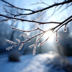Aufkleber - Frozen Beauty: Close-up of Ice Crystals on Tree Branches with Sunlight Streaming Through in Winter Scenery
