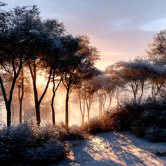 Poster - Golden Hour in Snowy Forest: Sunlight Filtering Through Winter Trees, Casting Long Shadows on a Serene Landscape