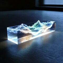 Leinwandbilder - Mysterious Luminescent Landscape Sculpture: Illuminated mountains trapped in glass, reflecting light and captivating the viewer's eye.