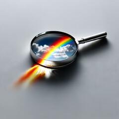 Aufkleber - Seeing the Spectrum: A Magnifying Glass Reveals a Vibrant Rainbow Against a Cloudy Sky, Casting Colorful Light.